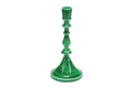 A 19cm enamelled metal candlestick in dark green, with a shaped stem, pioctured against a white background.