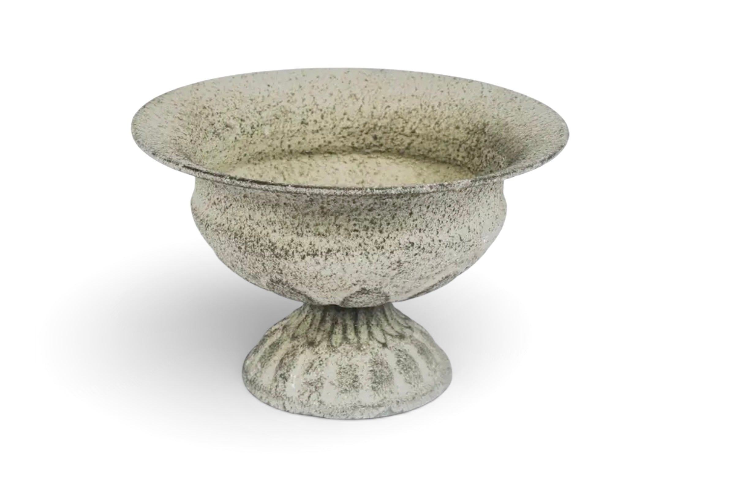 Small grey metal planter on a white background.