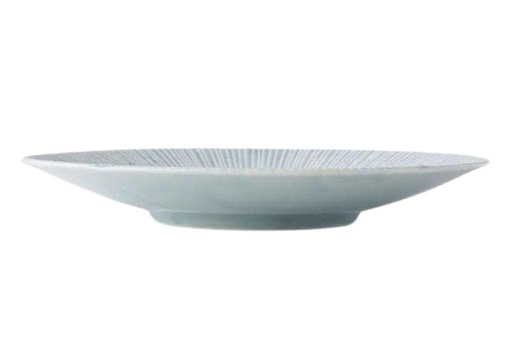 A 24.5cm porcelain dinner plate with an ice blue glaze and subtle embossed detail. Set against a white background.