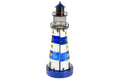 A 32cm stained glass lighthouse ornament in blue and white, pictured agaist a white bacground.