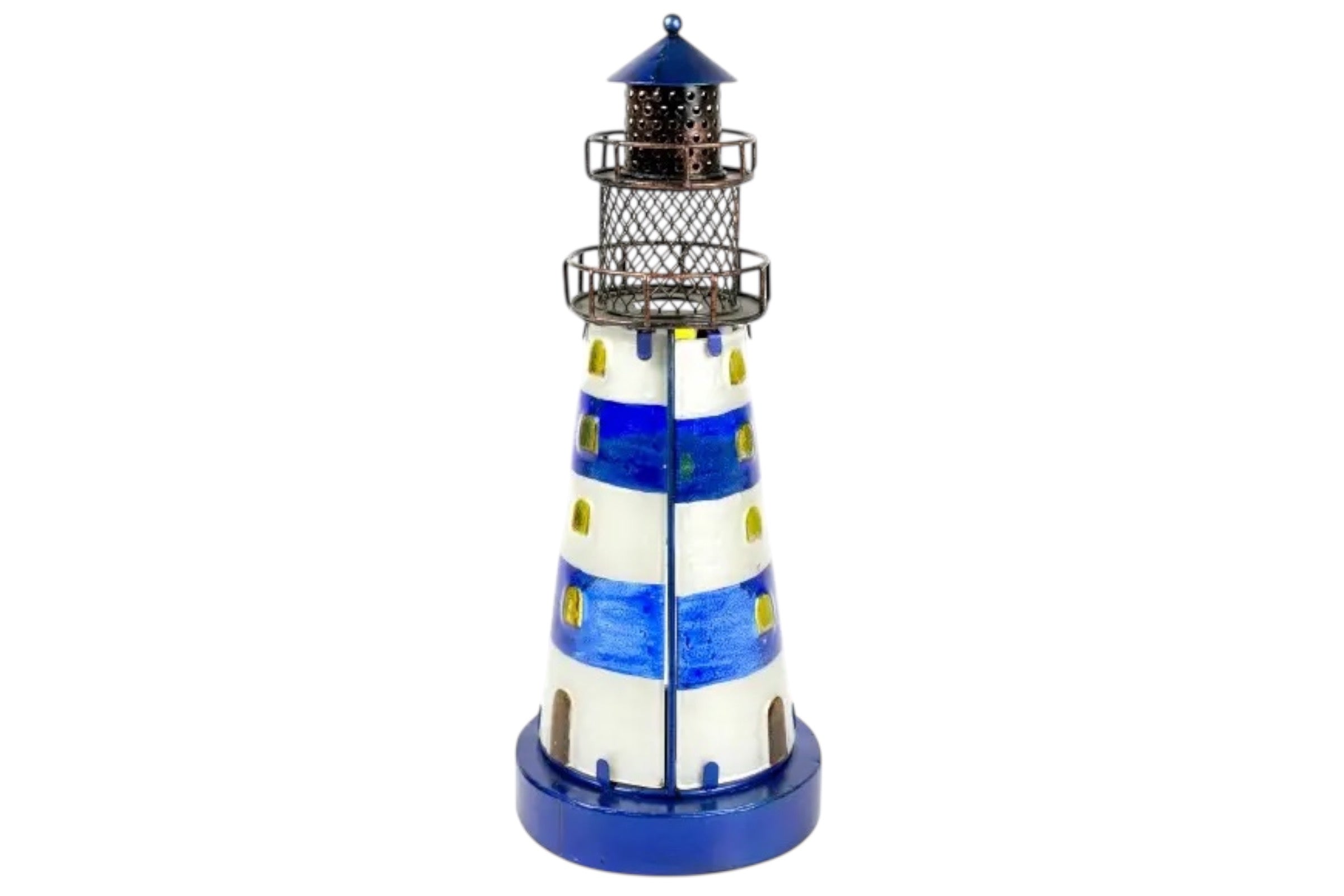 A 32cm stained glass lighthouse ornament in blue and white, pictured agaist a white bacground.