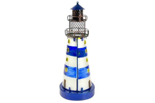 A 32cm stained glass lighthouse ornament in blue and white, pictured agaist a white bacground.