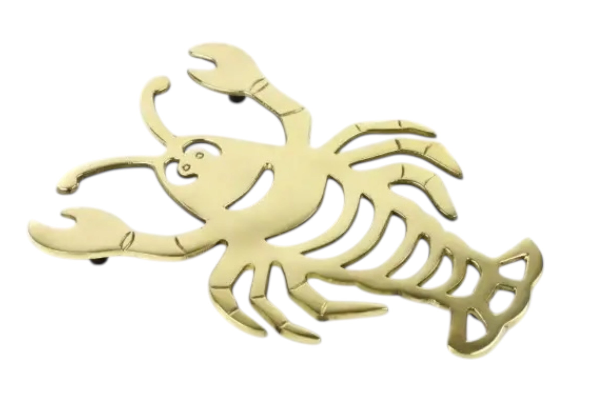 A solid brass lobster-shaped trivet with rubber feet, designed to protect tables and worktops from hot cookware. Set against a white background.