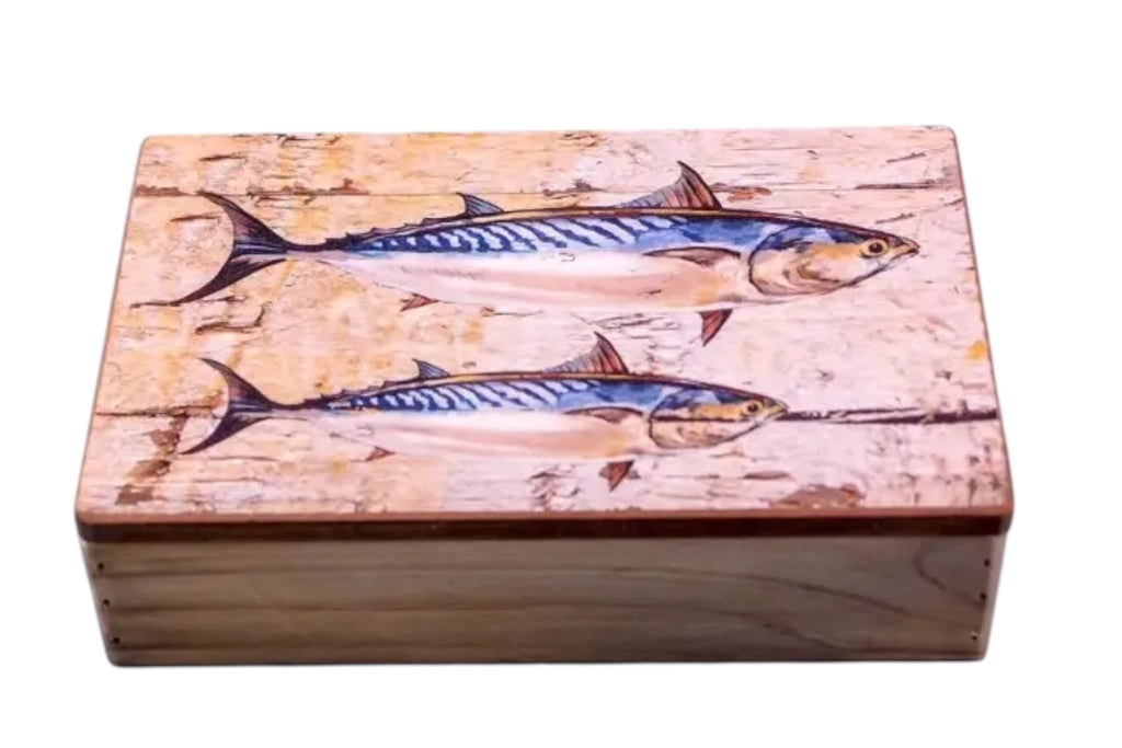 A compact wooden decorative box with a double mackerel illustration, set against a white background.