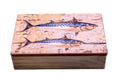 A compact wooden decorative box with a double mackerel illustration, set against a white background.