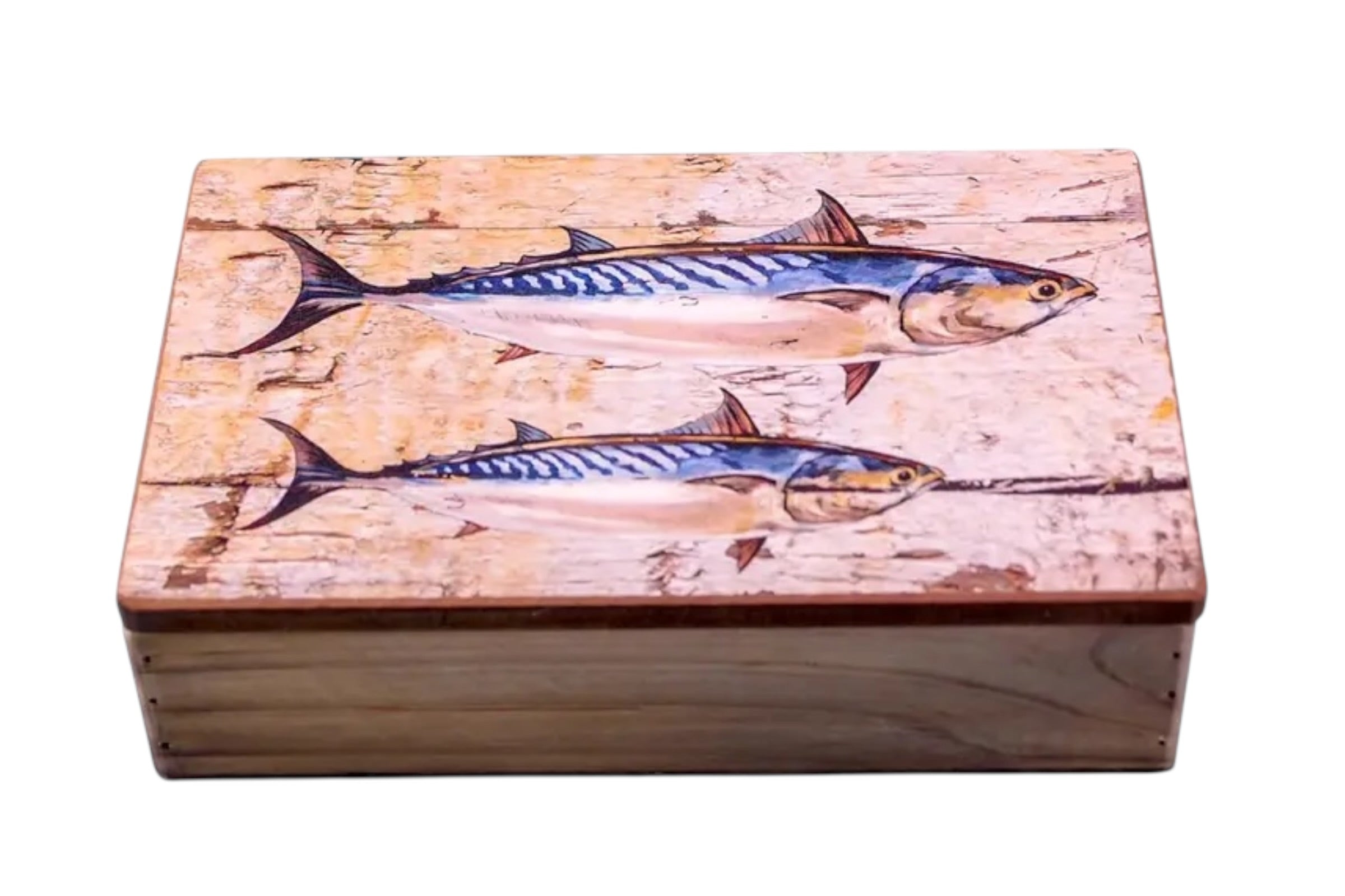 A compact wooden decorative box with a double mackerel illustration, set against a white background.