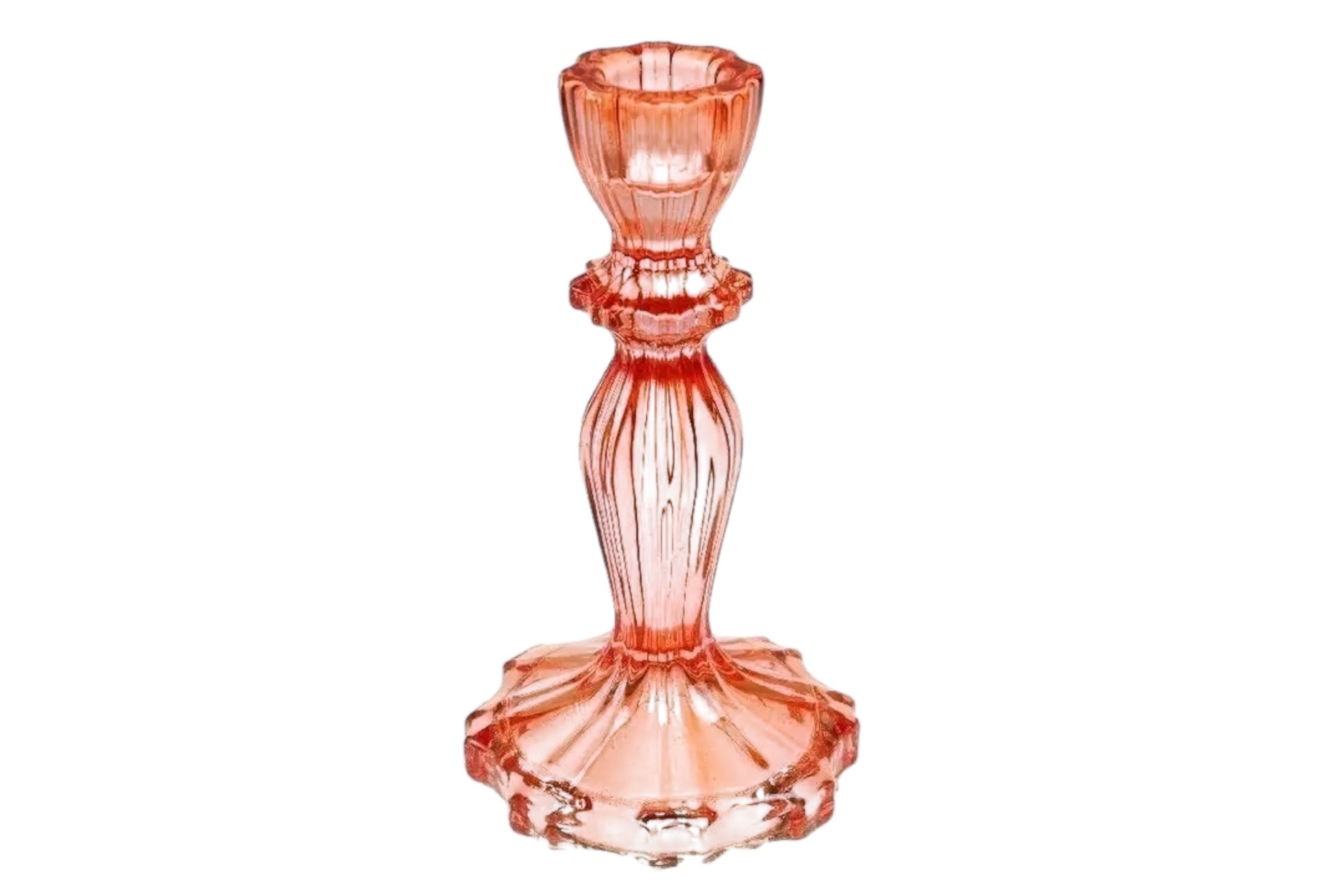 A tall orange glass candlestick with a fluted stem and flared base, pictured against a white background.