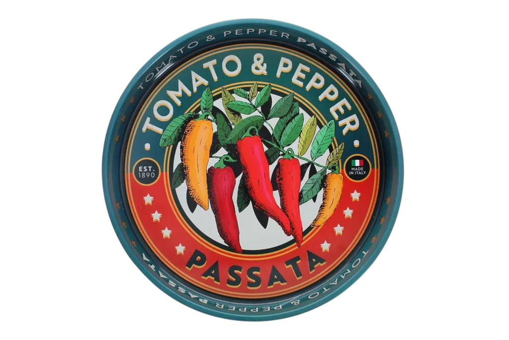 A round tinplate metal serving tray with a deep well and vintage-inspired passata graphic. Pictured on a white background.