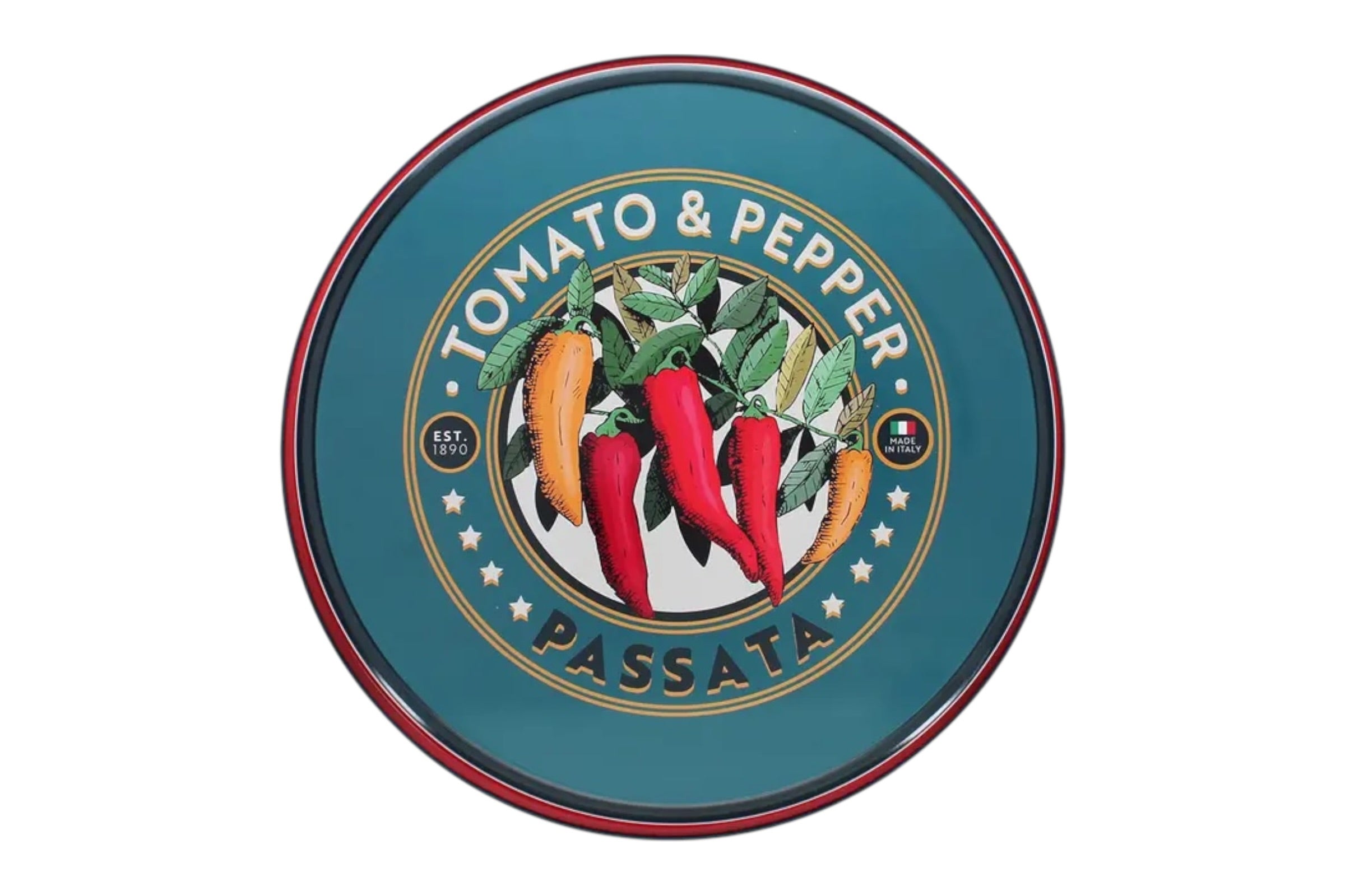 A round tinplate metal serving tray with a deep well and vintage-inspired passata graphic. Pictured on a white background.