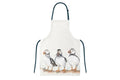 A cotton kitchen apron with a puffin illustration and adjustable neck strap. Set against a white background.