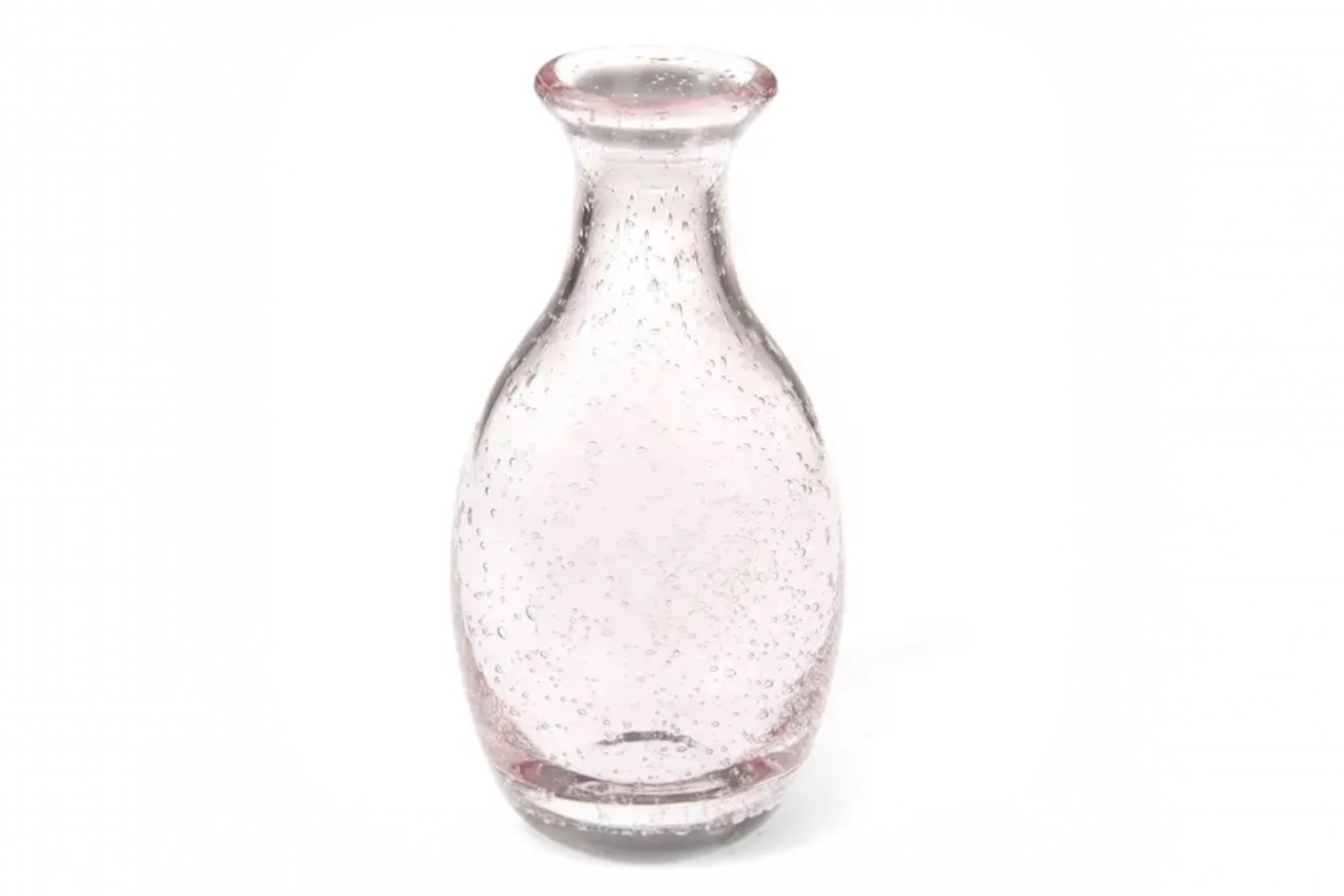 A 14cm hand-finished glass bud vase with a soft rose tint and subtle bubble detail. Set against a white background.