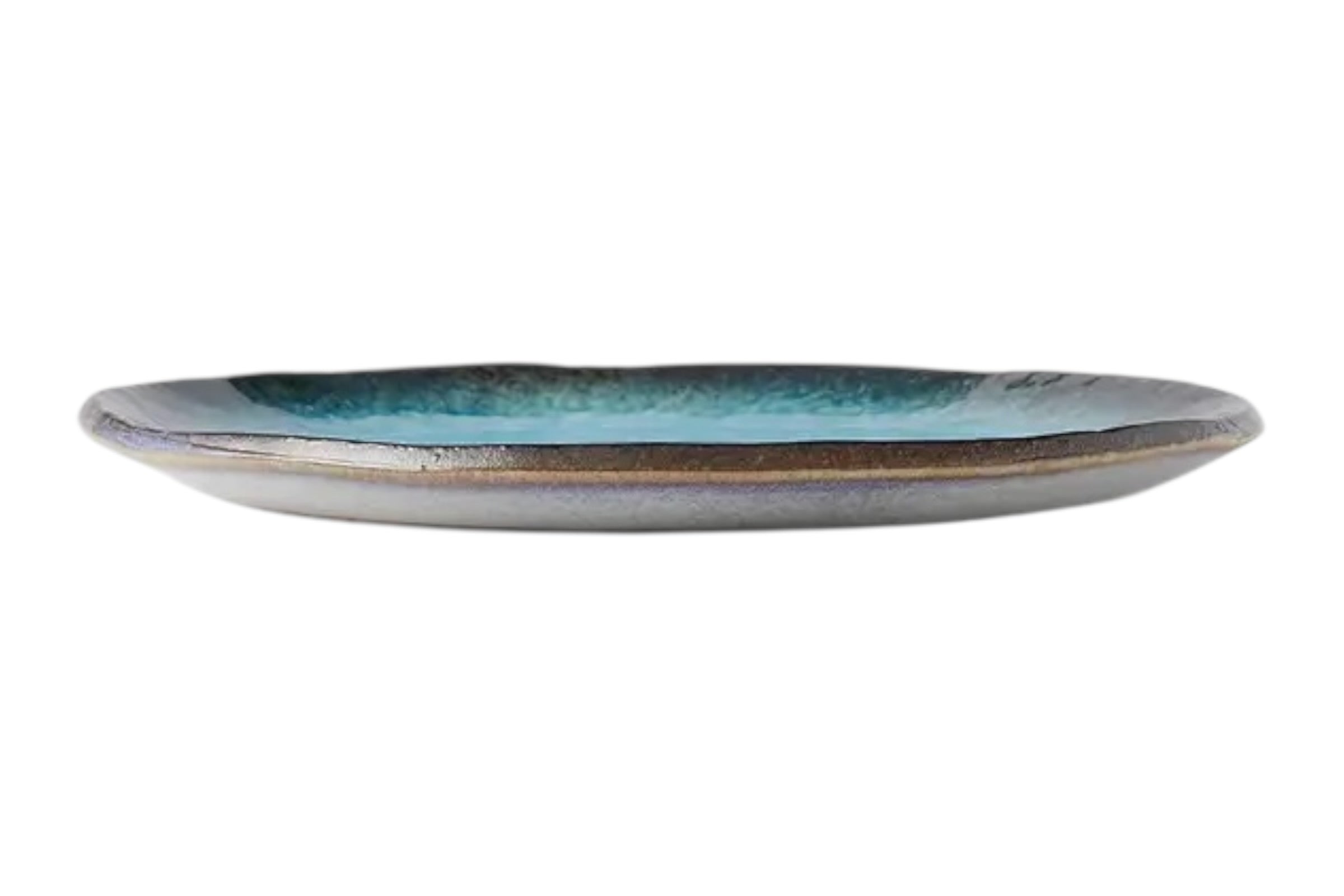 An oval porcelain plate with a soft sky blue glaze and organic outline, set against a white background.