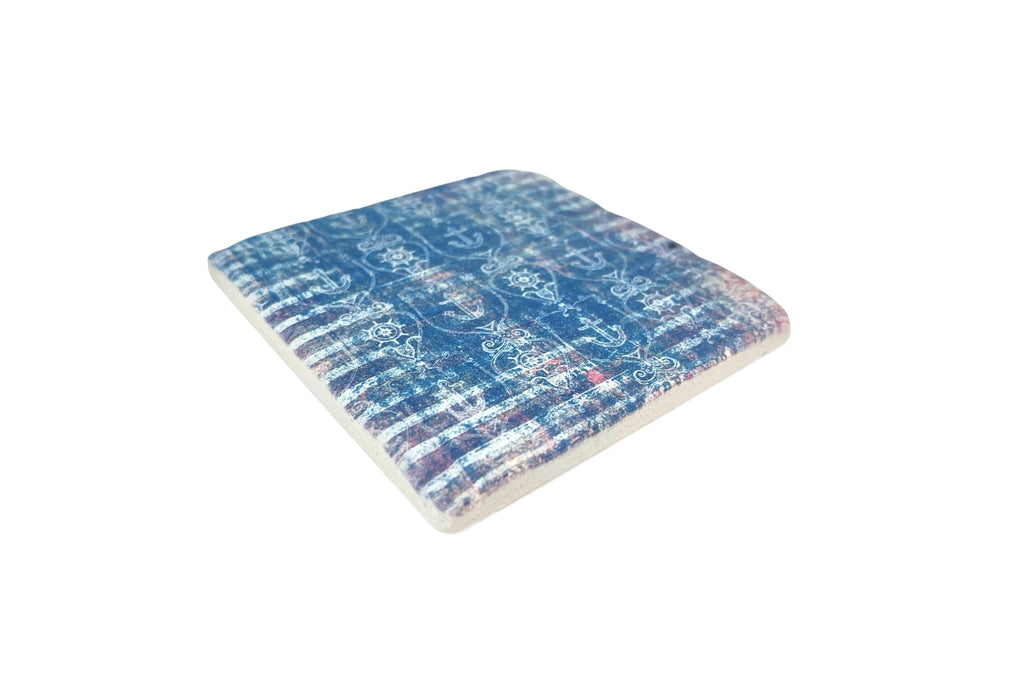 Blue and white patterned coaster on a white background
