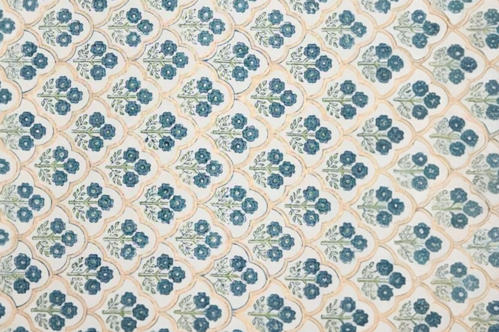 some handmade, trellis indigo design wrapping paper.