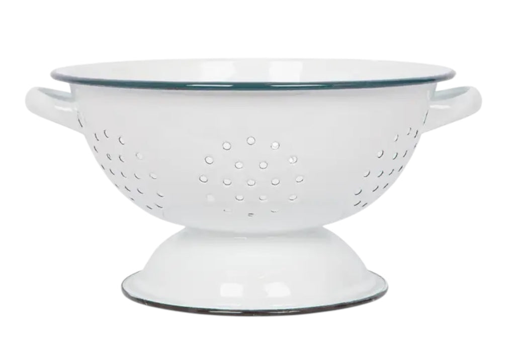 A 23.5cm enamelled steel colander finished in white with green accents. Set against a white background.