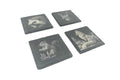 Four slate coasters with UK wildlife images laser etched into the surface, on a white background.