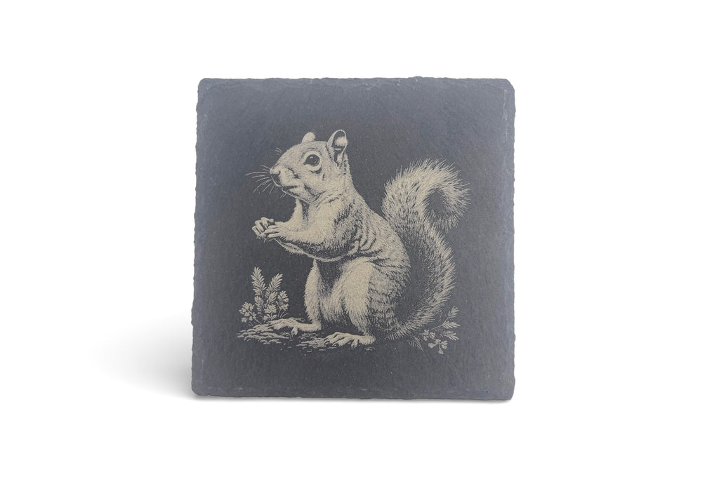 A slate coaster with the image of a squirrel laser etched into the surface, on a white background.