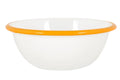 A 16cm enamelled steel bowl finished in white with yellow accents,set against a white background.