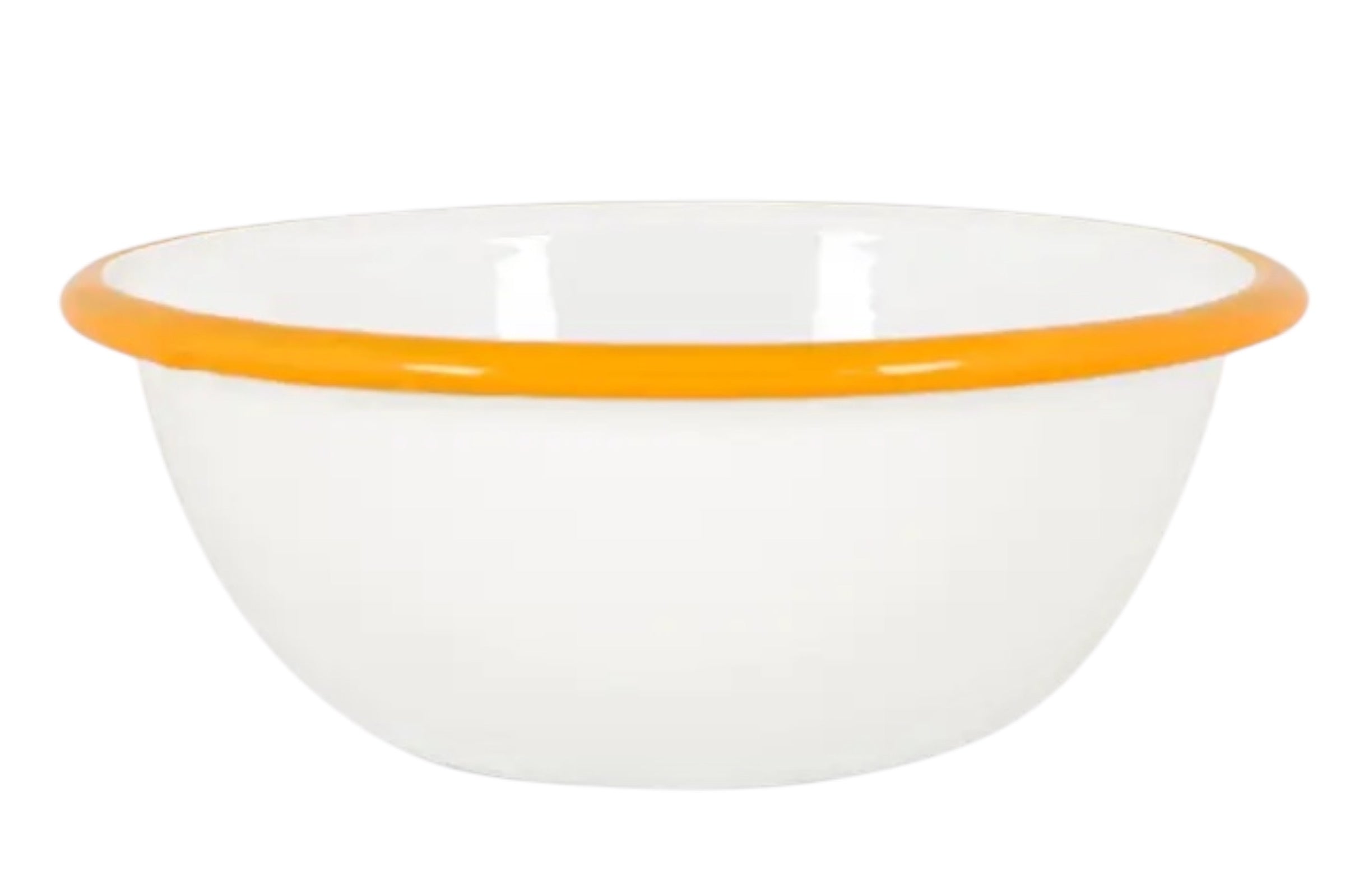 A 16cm enamelled steel bowl finished in white with yellow accents,set against a white background.