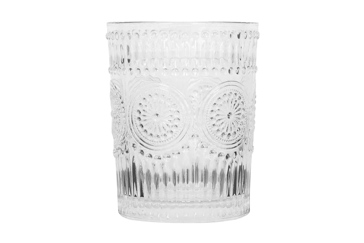 FINCHCRAFT Amore clear glass tumbler featuring an etched vintage-inspired floral pattern and a weighted base.
