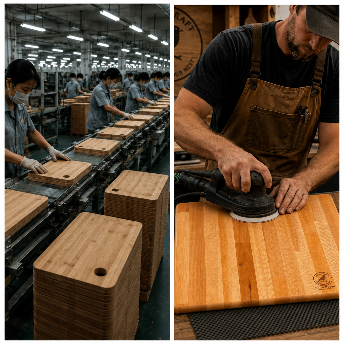 FINCHCRAFT artisan sanding a solid beech wood XL chopping board in a workshop alongside a factory production line