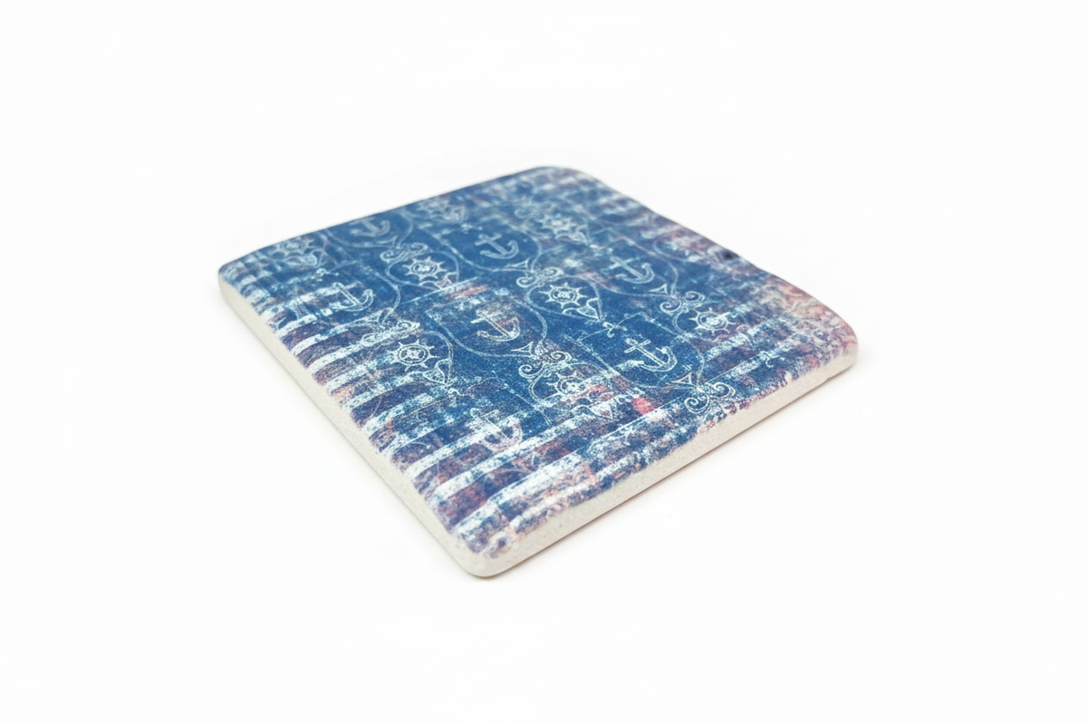 FINCHCRAFT square coaster with blue and red distressed nautical pattern, resin stone composite with matte finish.