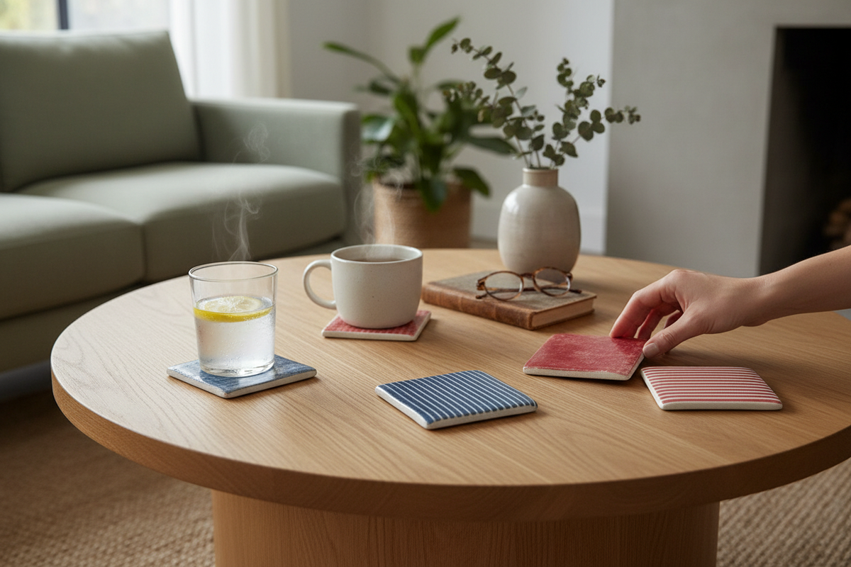FINCHCRAFT set of four square resin coasters with blue and red distressed botanical patterns on a wooden coffee table