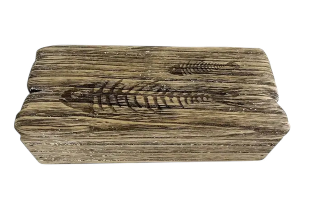 FINCHCRAFT rectangular wooden decorative box featuring a rustic textured surface with a carved fish bone motif.