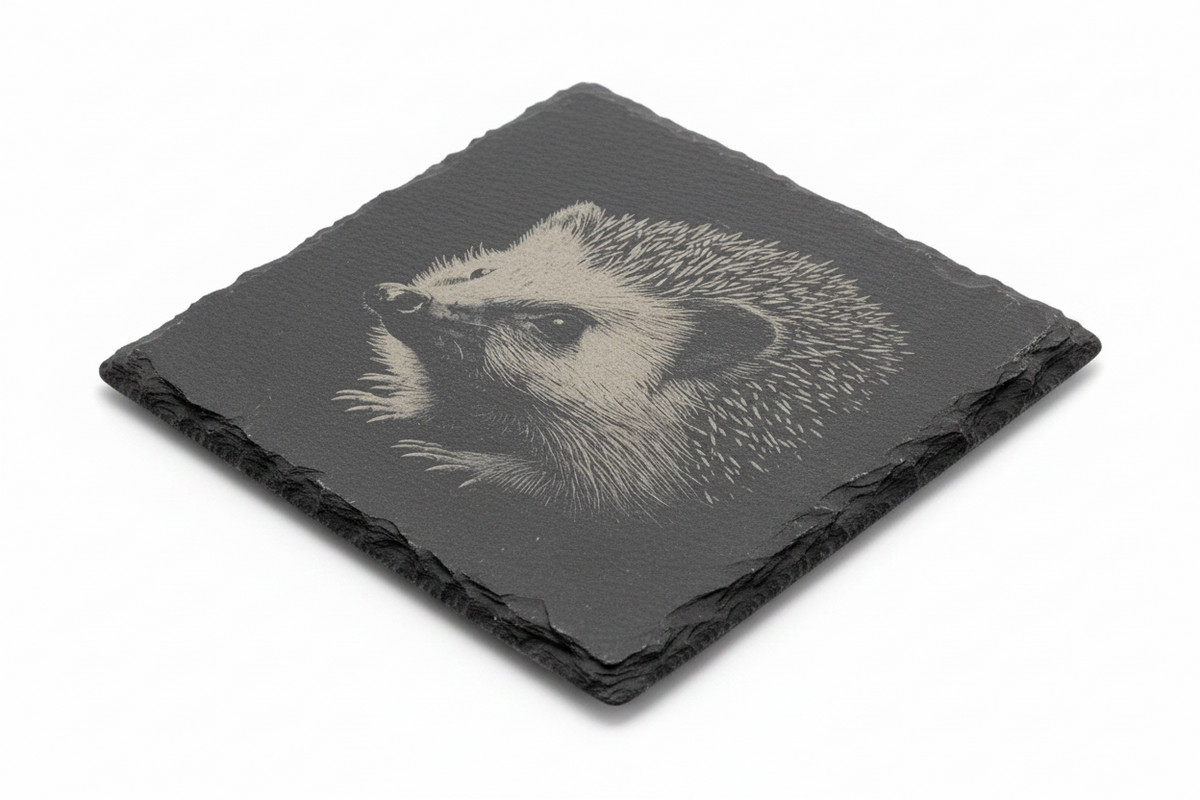 FINCHCRAFT natural slate coaster with a detailed laser-engraved hedgehog illustration on a square matt stone surface