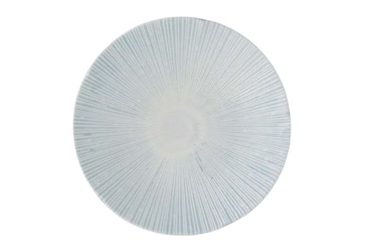 FINCHCRAFT Ice Drift blue porcelain dinner plate with a petalled edge and radiating embossed line pattern.