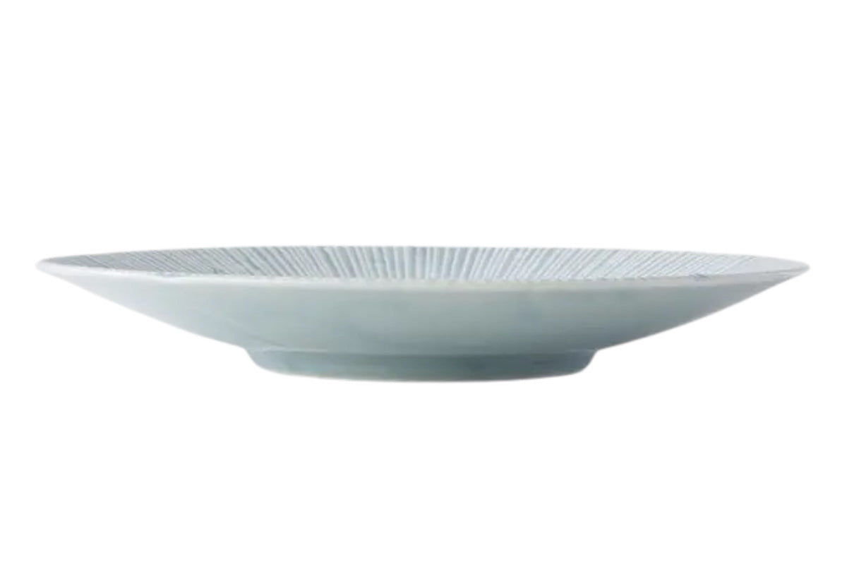FINCHCRAFT Ice Drift Blue porcelain dinner plate with a petalled edge and embossed radiating lines in a low profile.