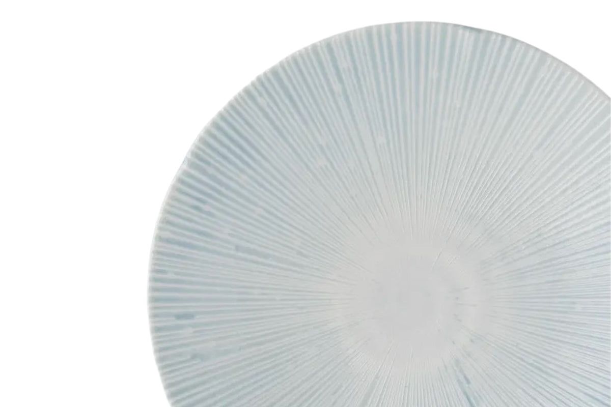 FINCHCRAFT Ice Drift blue porcelain dinner plate with embossed radiating lines and a delicate petalled edge