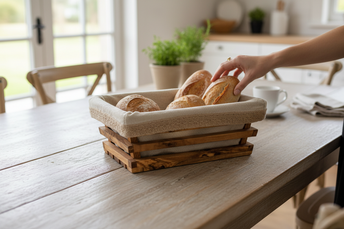 FINCHCRAFT rectangular olive wood bread basket with a removable linen liner holding fresh bread on a dining table