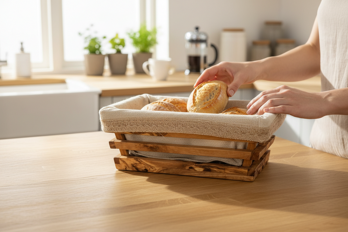 FINCHCRAFT rectangular olive wood bread basket with a removable linen liner holding fresh rolls on a kitchen table