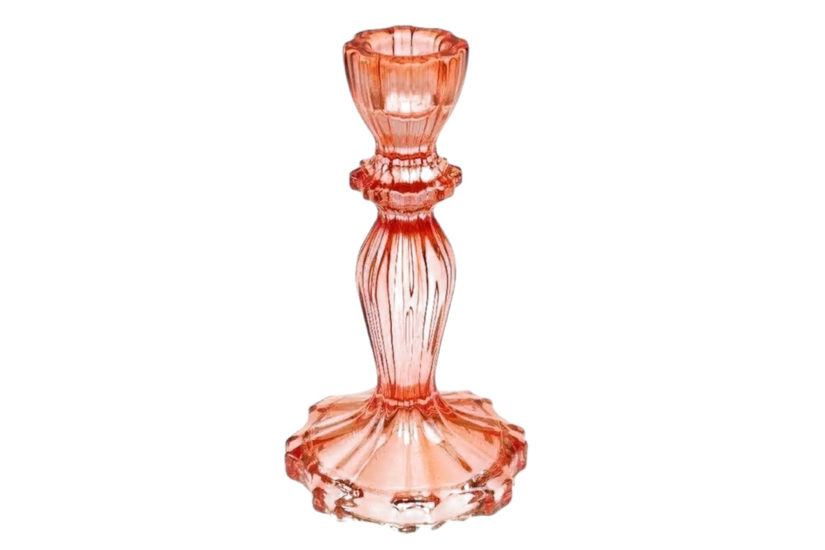FINCHCRAFT orange glass candlestick featuring a tall fluted stem and a gently flared base for a taper candle.