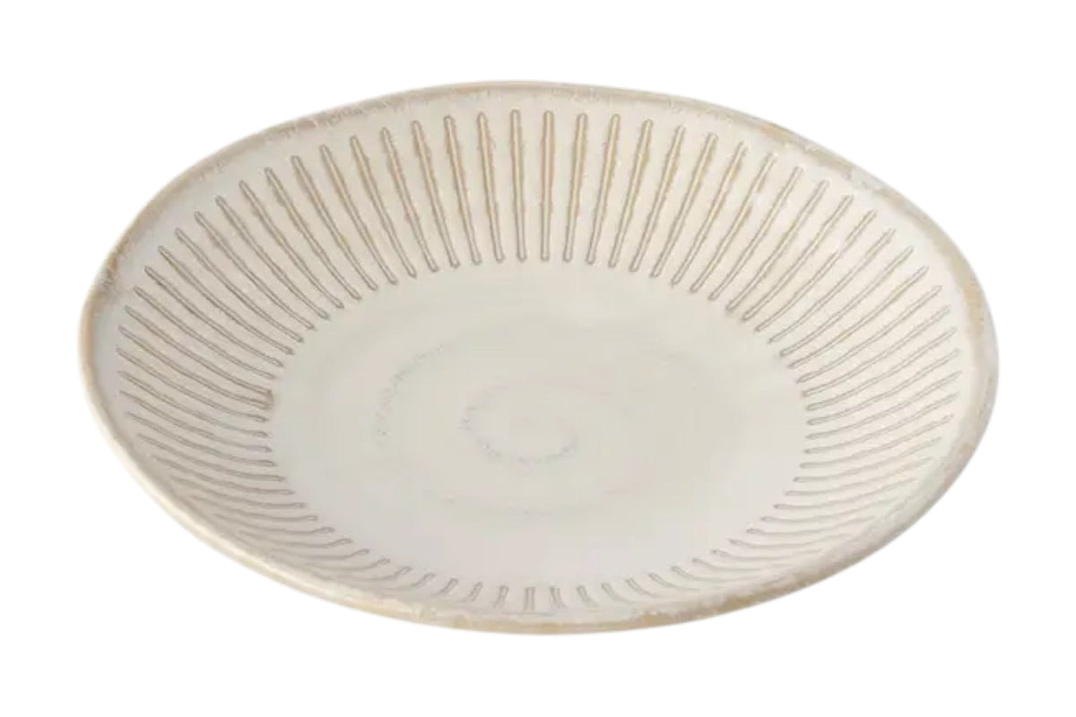 FINCHCRAFT ridged alabaster porcelain tapas plate with a neutral glazed finish and shallow profile