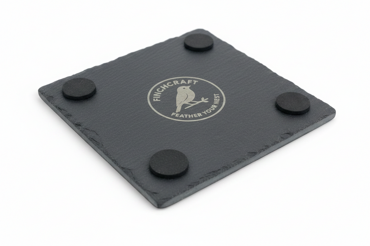 FINCHCRAFT square natural slate coaster underside showing the brand logo and protective foam feet on white background