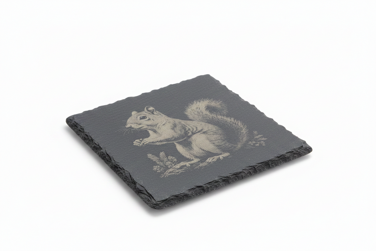 FINCHCRAFT square natural slate coaster featuring a detailed laser-engraved squirrel illustration on a matt surface.