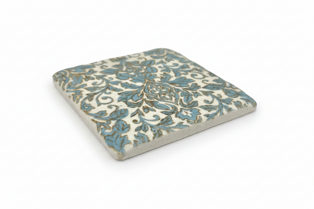 FINCHCRAFT square coaster with light green and beige vintage Parisienne botanical pattern on a matte resin surface.