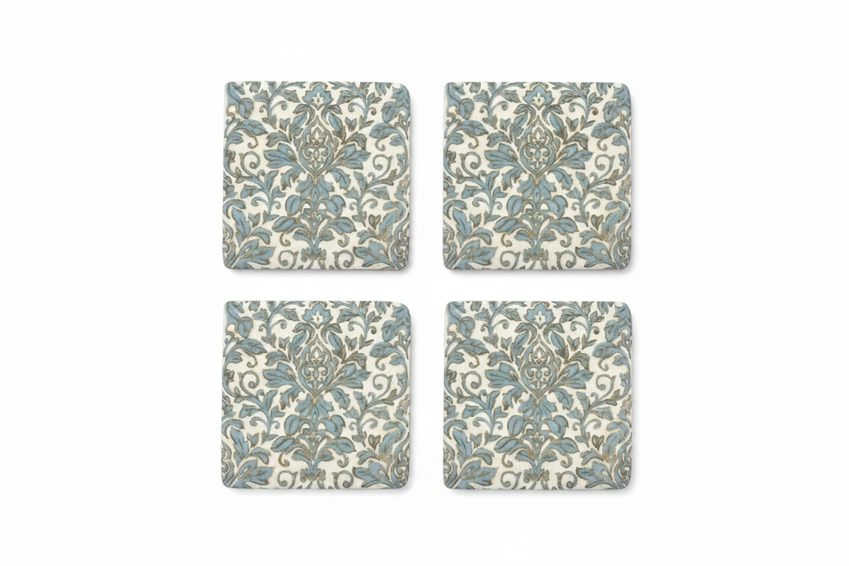 Set of four FINCHCRAFT square coasters with a light green and cream vintage Parisienne botanical damask pattern.