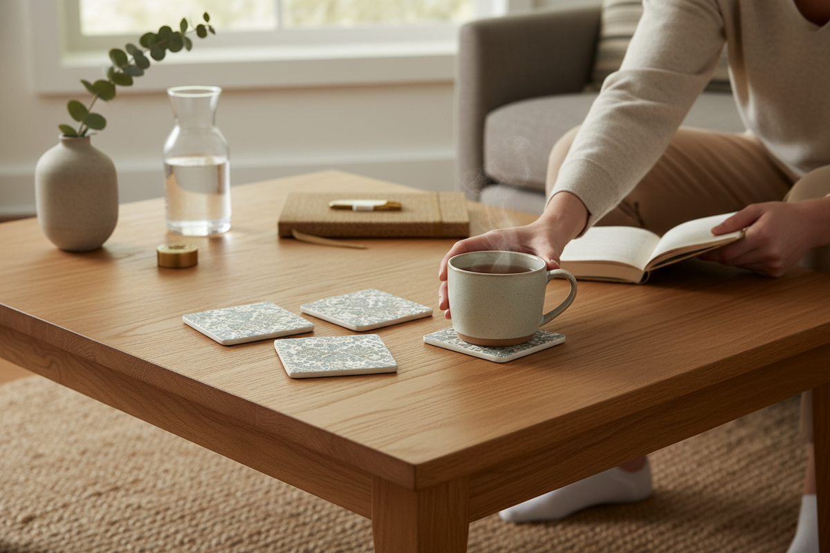 FINCHCRAFT set of four light green vintage Parisienne botanical coasters on a wooden coffee table with a steaming mug