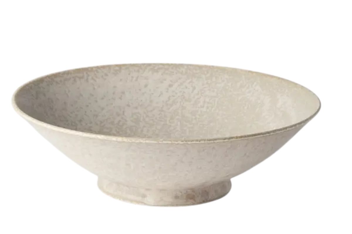 FINCHCRAFT Minoyaki porcelain ramen bowl in a matte white fade glaze with a speckled texture and wide rim.