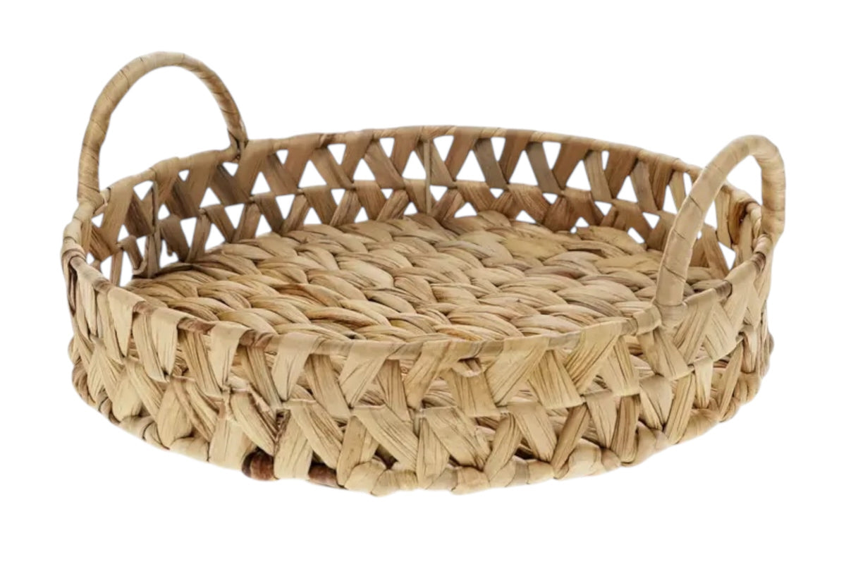 FINCHCRAFT circular tray woven from natural water hyacinth fibres with integrated handles and a sturdy metal frame.